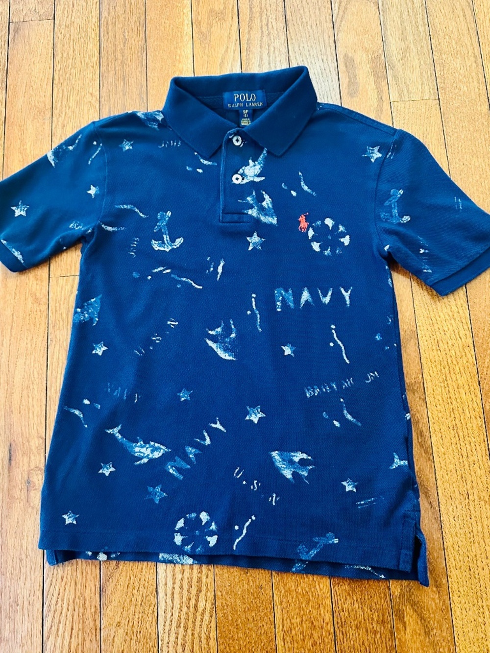 Polo Ralph Lauren Boys Navy Blue Polo Shirt All Over Print Nautical Size 8